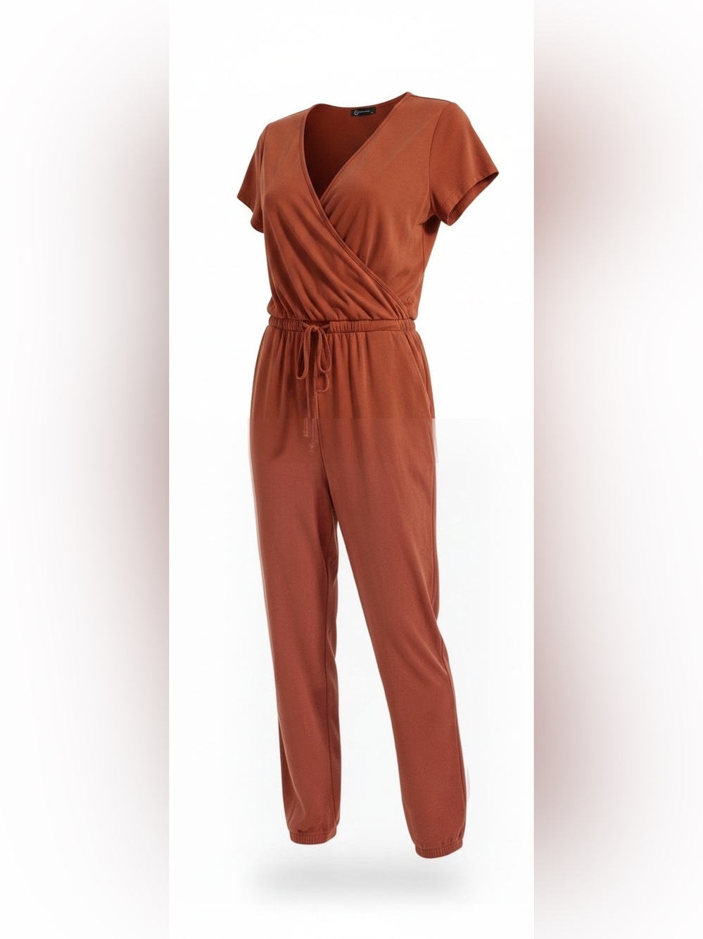 Rust Wrap-Front Jumpsuit with Drawstring Waist